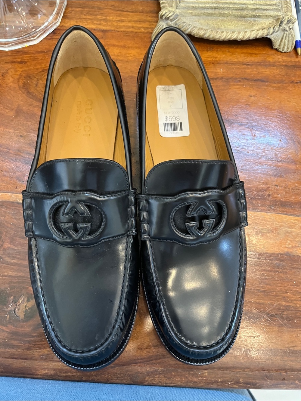 Gucci Black Leather Interlocking G Penny Loafers